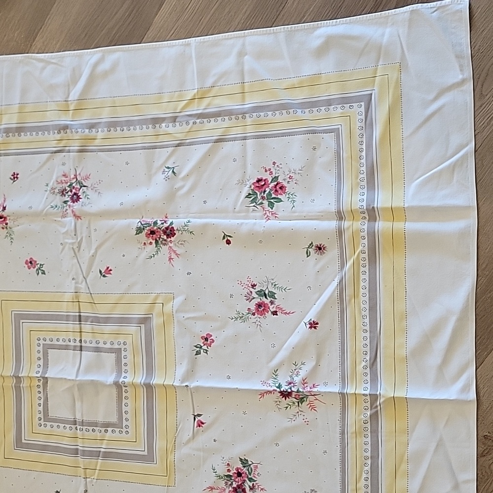 Vintage Floral Square Tablecloth with Yellow and Pink Rose Accents - Picture 4 of 12